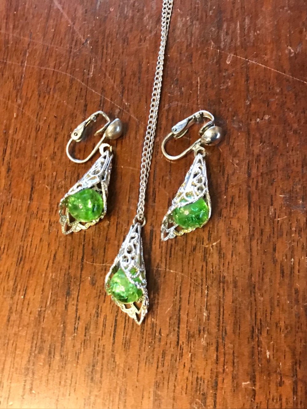 Filigree Teardrop Necklace & Clip Earrings with Green Glass Orb